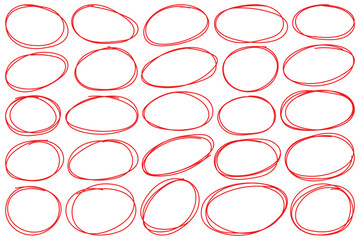 Set of hand drawn red circles and ovals. Red circle, pen draw. Highlight circle frames. Handwritten red circle. For marking text, numbers, marker pen for text check, vector illustration.