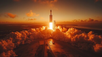 A rocket ignites and ascends against a vibrant sunset, emitting immense flames and creating a cloud of smoke as it departs from the launch pad, highlighting advanced aerospace engineering.