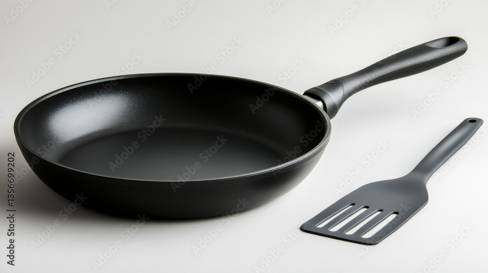 Poster a close-up of a non-stick frying pan with perfectly cooked pancakes and a spatula, set against a cle