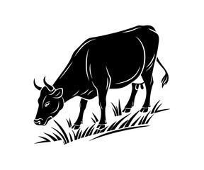 Silhouette of a cow grazing on grass