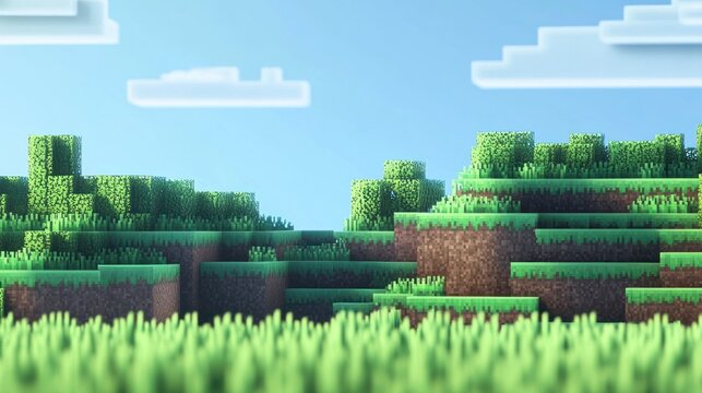 Idyllic voxel landscape with grassy hills, brown dirt, and a bright blue sky.