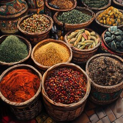 Fototapeta premium Traditional basket filled with spices and herbs, vibrant reds, yellows, and greens, set in an exotic marketplace, textured and lively, photorealistic