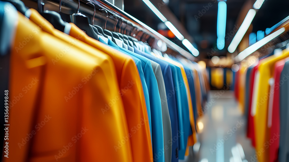 Poster stylish suits on display: a vibrant display of colorful suits hanging neatly on a rack within a mode