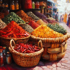 Fototapeta premium Traditional basket filled with spices and herbs, vibrant reds, yellows, and greens, set in an exotic marketplace, textured and lively, photorealistic
