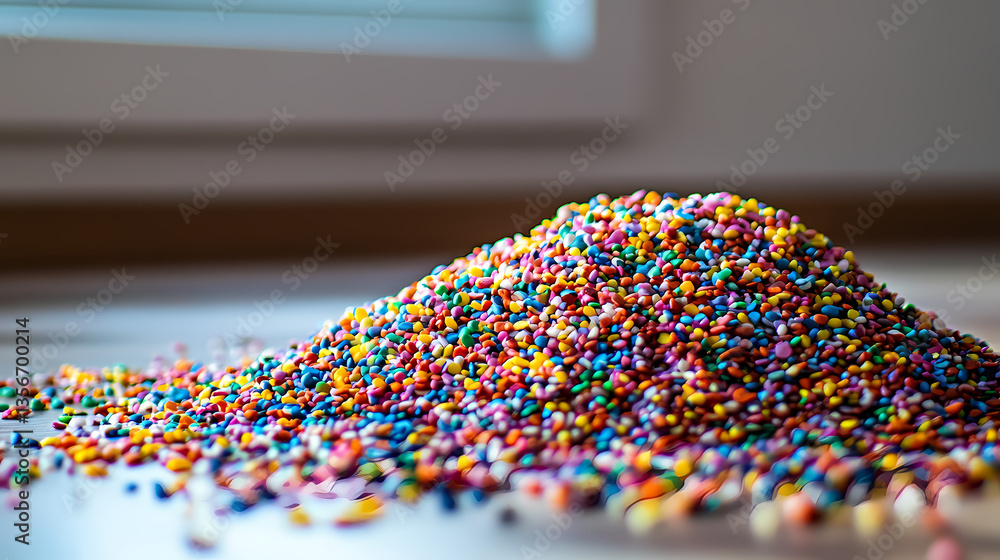 Poster chromatic cascade: a vibrant mound of colorful sprinkles sits in soft focus on a smooth wooden surfa
