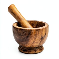 Wooden mortar and pestle on a white isolated background.
