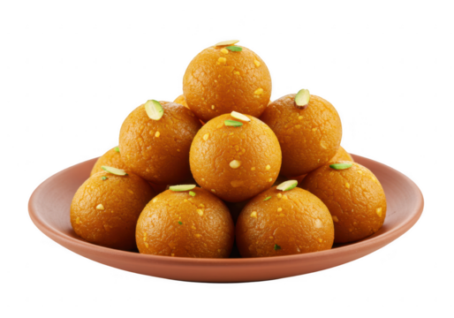 A ceramic plate filled with traditional Indian sweets laddus with nuts and green herbs isolated on transparent background