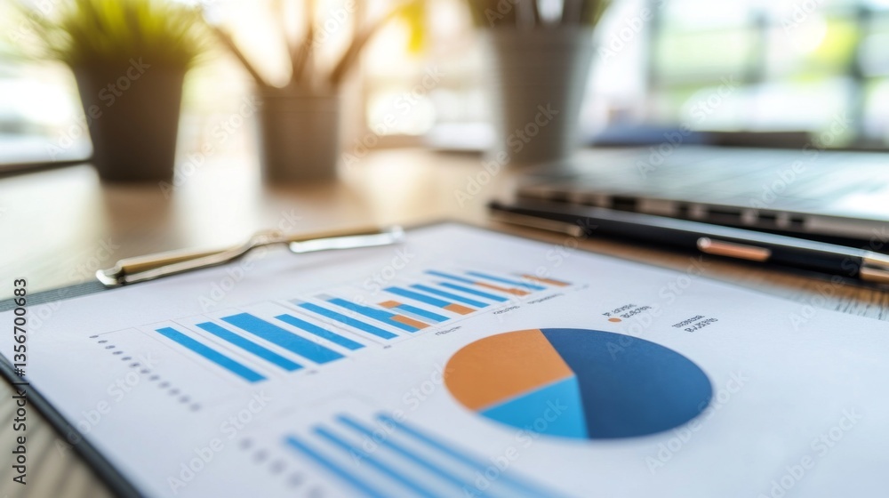 Poster a detailed close-up of a pie chart and line graph combination on a printed report, emphasizing busin