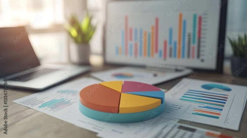 Aufkleber a digital d pie chart floating above a business desk, surrounded by financial reports and a laptop.