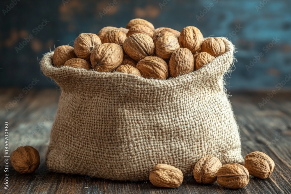 Poster brown walnuts in a burlap sack on a rustic wooden table with a textured blue background