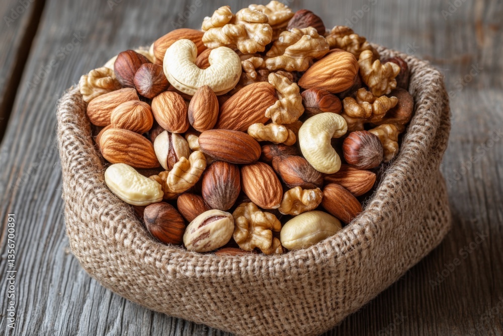 Poster mixed nuts in a burlap sack resting on a rustic wooden surface suitable for healthy snacking