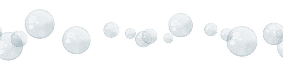 Bubbles seamless watercolor Border featuring delicate transparent floating underwater elements in the air. Hand drawn Frame in pastel colors for nautical design or web banners. Sea pattern.