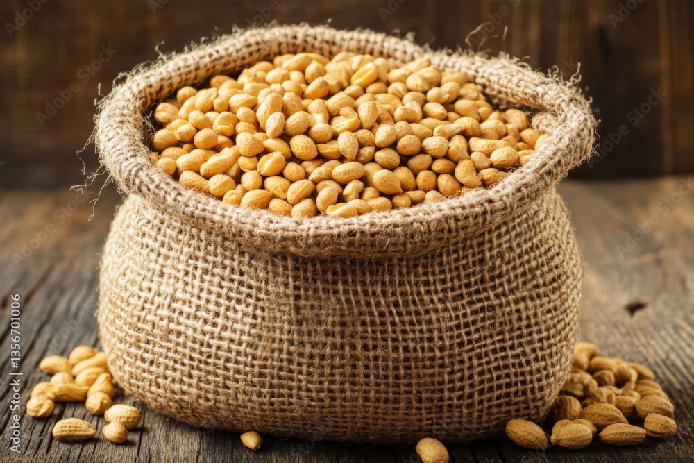 Poster Sack filled with roasted peanuts placed on rustic wooden table with scattered nuts around