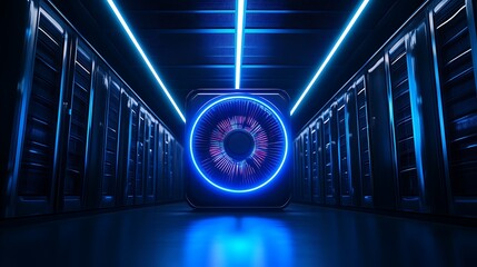 Futuristic server room with neon lights and central data visualization.