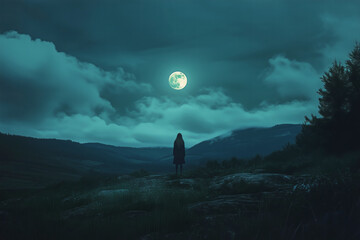 Fototapeta premium Night landscape with a girl looking at the full moon