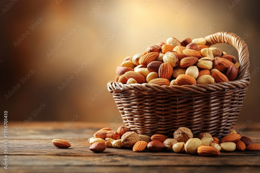 Aufkleber freshly harvested nuts arranged in a rustic basket on a wooden table against a blurred background