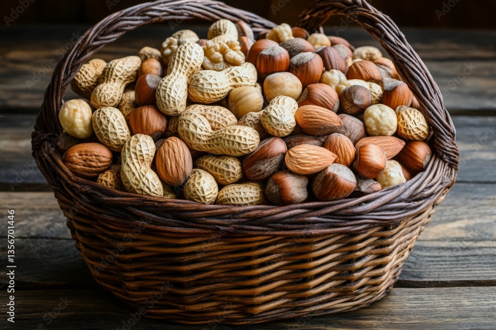Poster assorted nuts in a woven basket arranged on a rustic wooden surface