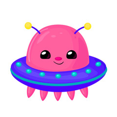 Pink Cartoon UFO – Cute Flying Saucer Space Illustration. This cute UFO is perfect for children’s projects, space-themed designs, posters, stickers, and more.