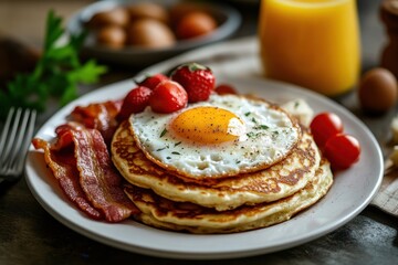 Delicious breakfast featuring pancakes with fried egg bacon and strawberries on plate morning meal close up