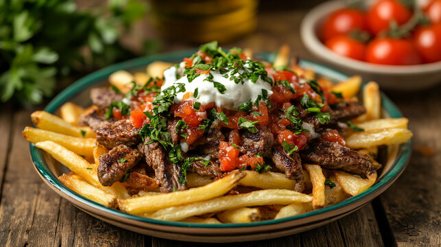 Delicious carne asada fries with vibrant toppings, a tempting Mexican-inspired street food dish