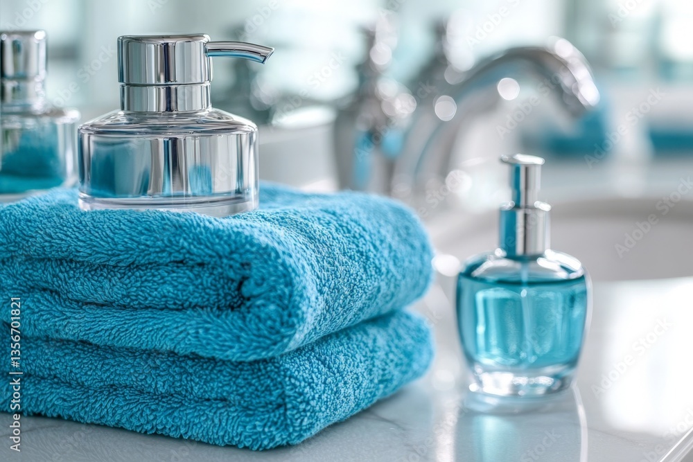 Poster elegant bathroom display with blue towels and glass bottles on a vanity in a modern home setting