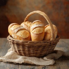 Rustic charm of fresh baked bread loaves in a wicker basket on a wooden table capturing warm light and culinary delight for a bakery concept