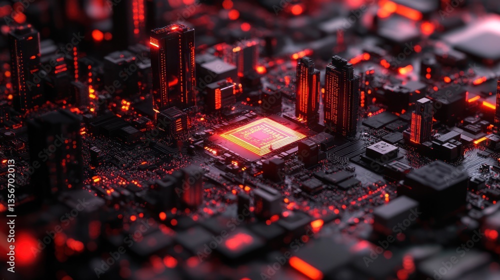 Poster close-up of a futuristic, red-lit circuit board with a central processor.