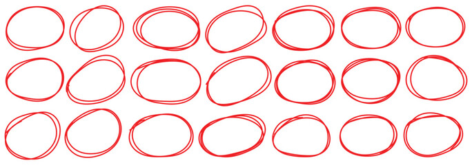Set of hand drawn doodle red marker round frames. Red pen drawn marks, red circle set, highlight circle. Hand drawn marker doodle line stroke. Handwritten highlight red scribble circle.