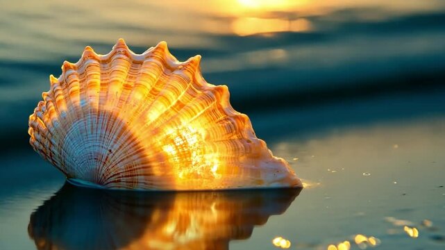 A radiant seashell glistening in sunlight, resting peacefully on the shore, reflecting the beauty of nature's treasures.
