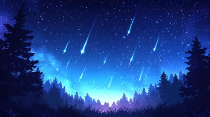 Naklejka premium A serene night sky filled with shooting stars over a silhouette of trees, creating a captivating and magical atmosphere.