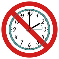 An illustration of a clock showing time adjustment, crossed out with a red circle, symbolizing the absence of the need to change clocks. Represents regions that do not observe daylight saving time.