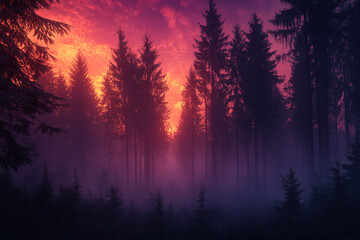 Obraz premium Misty forest at sunset, purple and orange hues, creating a serene and mysterious atmosphere, ideal for fantasy or nature themes