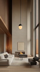 Modern Living Room for High Ceiling, Fireplace, City View.