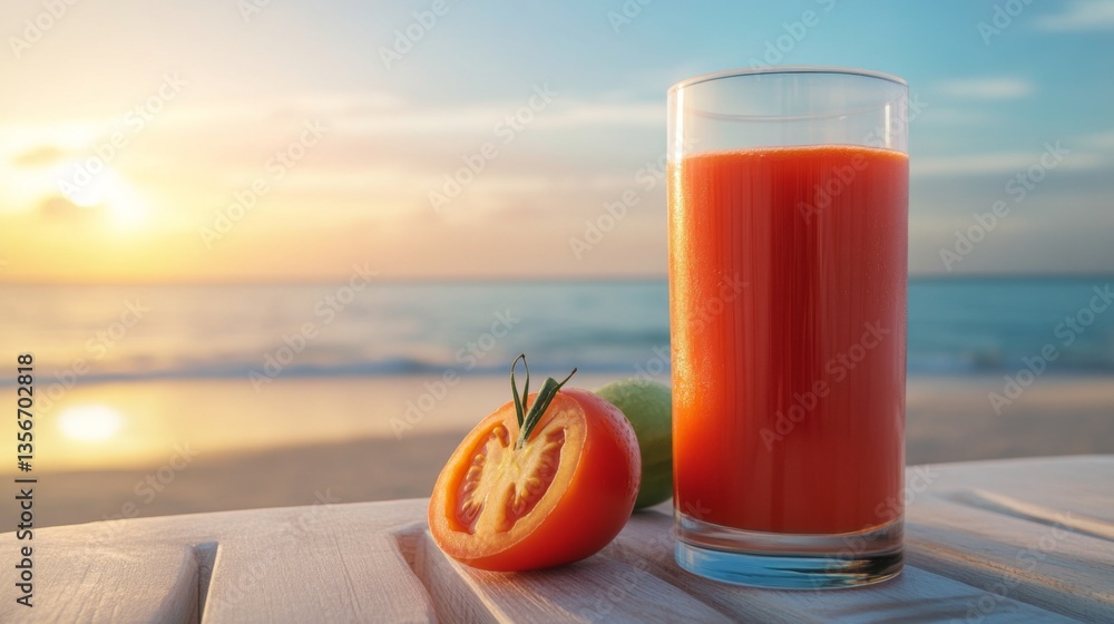 Poster a glass of tomato juice on a beachside table with the ocean in the background, evoking a sense of re