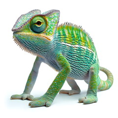Obraz premium A realistic portrait of a chameleon standing in side view, isolated on a white background. A slender, well-built chameleon with textured, scaly skin displaying vibrant green and blue hues, a triangula