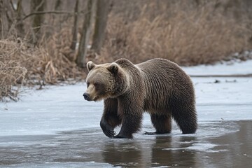 Obraz premium Grizzly bear walking on icy river in a natural habitat during late winter afternoon