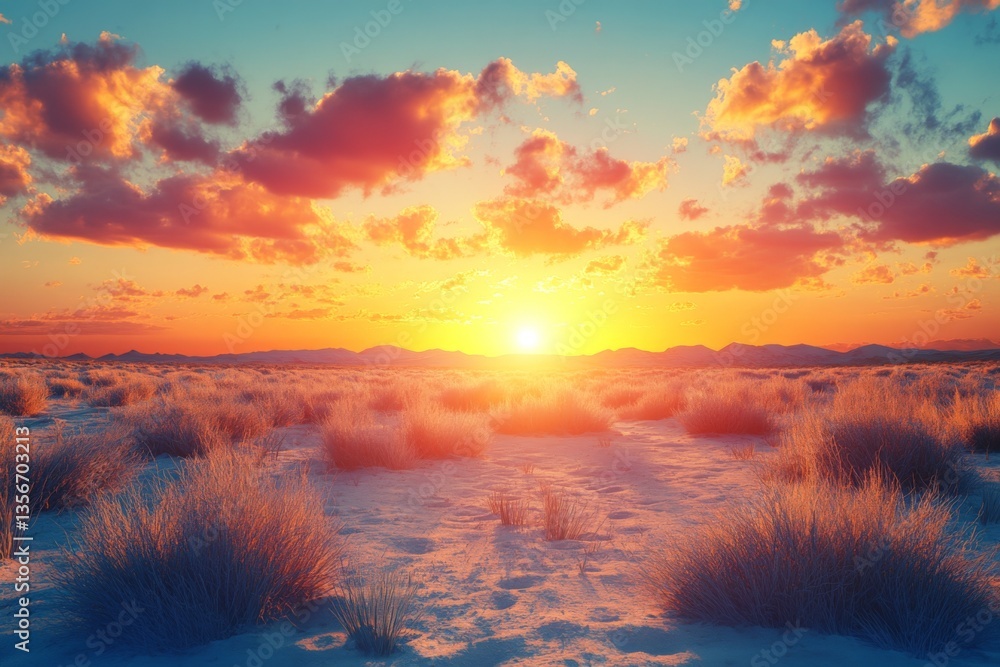 Poster stunning sunset illuminates desert landscape creating a vibrant display of colors over distant mount