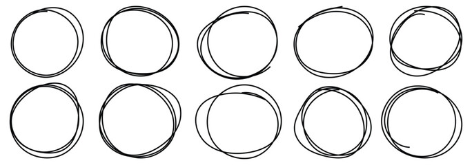 Set of doodle ellipses. Scribble ovals, bubbles to circle and highlight text. Pencil or pen graffiti bubble or ball draft illustration. Black paint marker circles. Vector illustrator