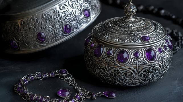 Intricate Silver Treasures: A detailed shot showcasing exquisite antique silver jewelry box, a luxurious jewel-encrusted bracelet, and a collection of silver ornamental objects.