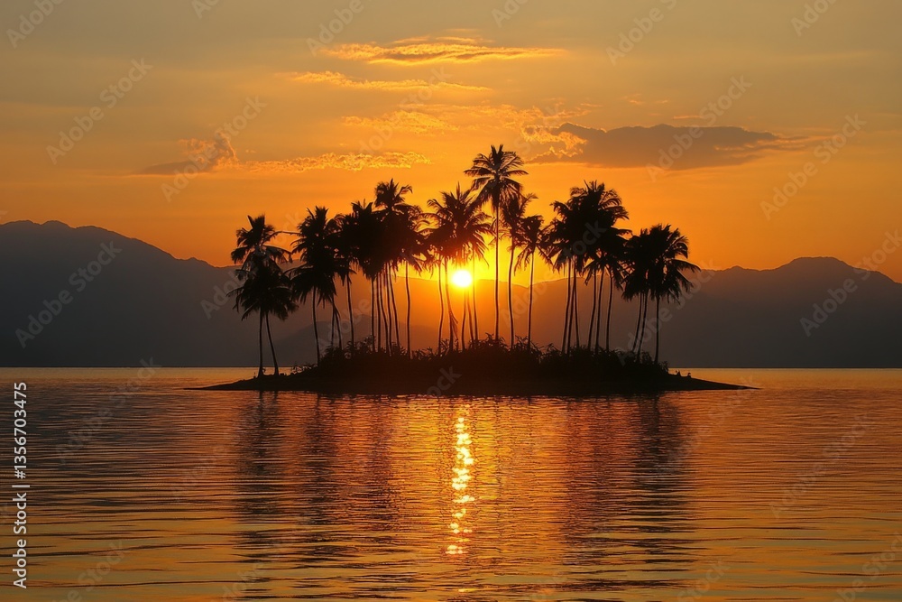 Poster sunset over a tranquil island with palm trees reflecting in calm waters in the evening sky