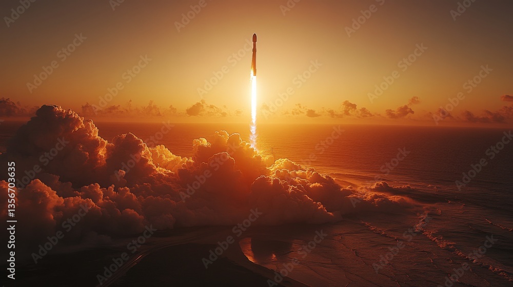 Aufkleber Rocket launches into the sky at sunset, with fiery propulsion creating a dynamic contrast against the clouds and ocean, emphasizing advancements in aerospace recovery and reentry techniques.