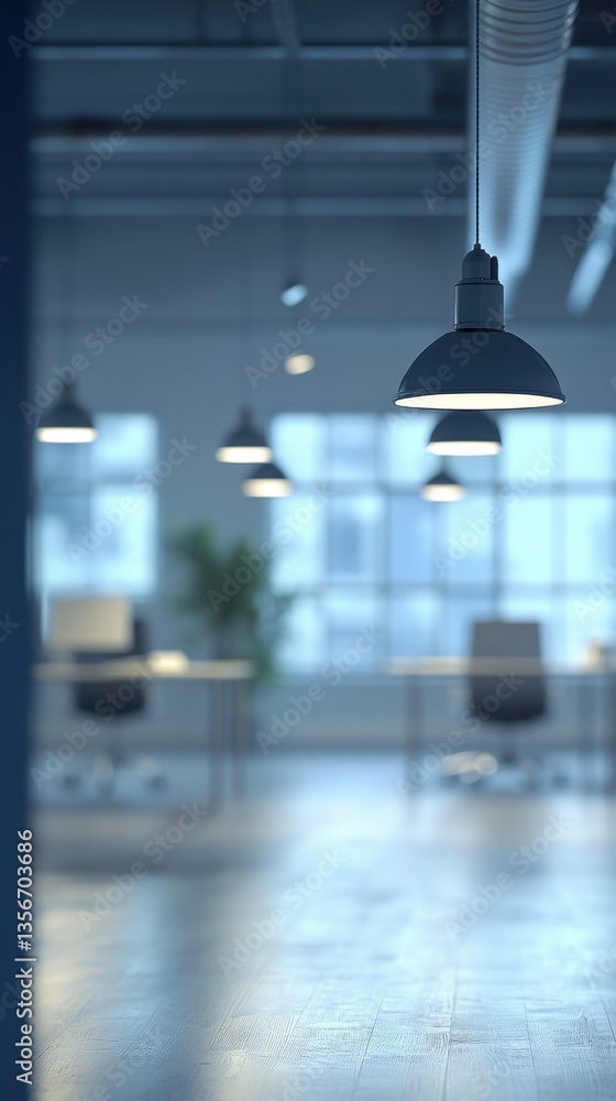 Poster modern office interior with hanging pendant lights illuminating empty desks creating a serene and pr