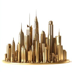 Golden city skyline model on white background.