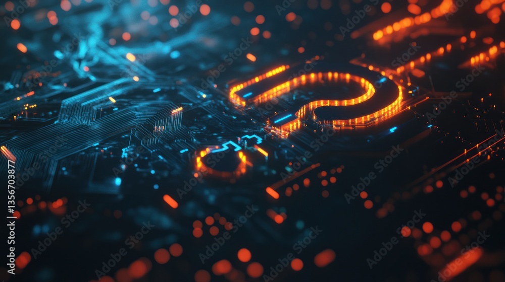Poster glowing question mark on a circuit board, representing technological uncertainty or questions about 