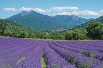 Obraz premium Expansive lavender fields in Provence under blue skies with distant mountains in the background