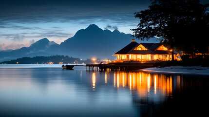 Fototapeta premium Luminous Tropical House on the Water at Dusk