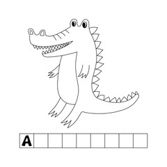 Alligator, English alphabet, abc, riddle, coloring for children, letter A, crossword, black and white doodle