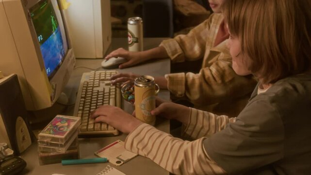 Tilt down shot of two 90s kids playing video games using old school computer together and drinking soda