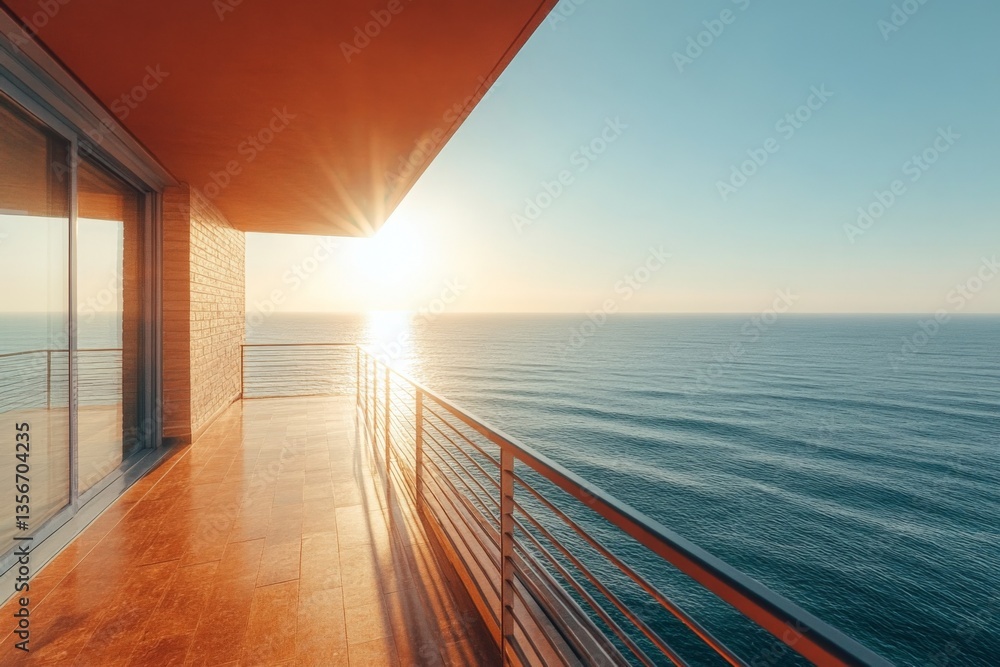 Poster sunrise view from a modern balcony overlooking calm ocean waters with clear sky at dawn
