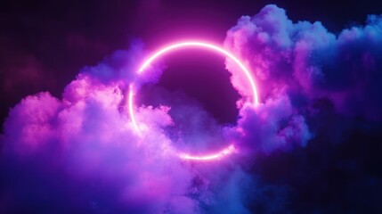 Glowing neon pink circle ring in vibrant purple and blue clouds, dark night sky background.